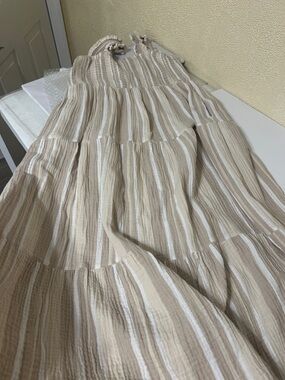 Light Beige and White Striped Maxi Dress - Sleeveless Tiered Summer Dress